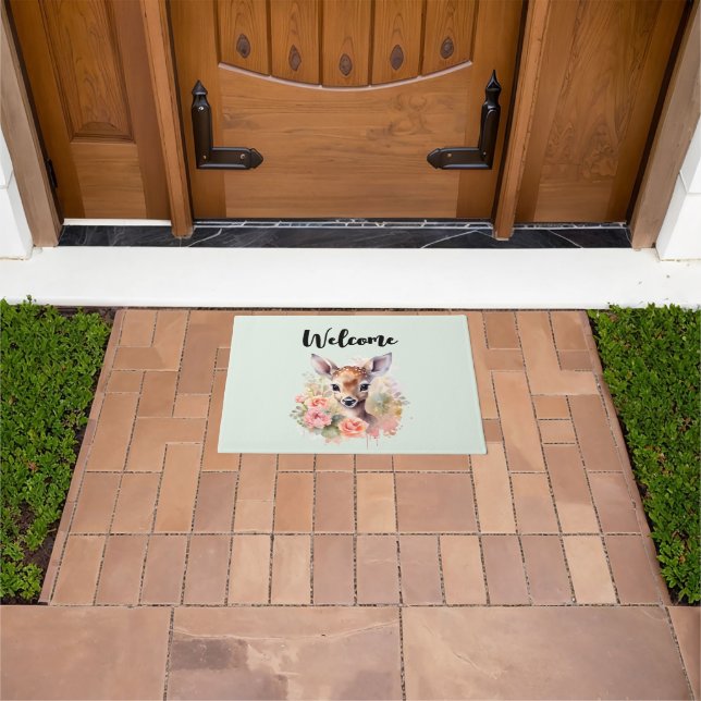 Cute Deer Surrounded By Roses Welcome Doormat (Outdoor)