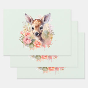 Cute Deer Surrounded By Roses Wrapping Paper Sheet