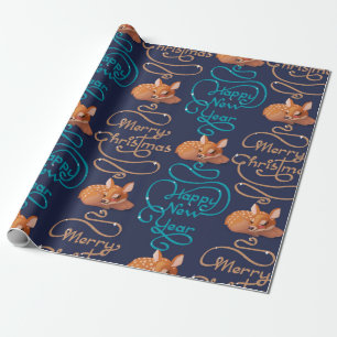 Cute Deer Typography New Year Merry Christmas Wrapping Paper