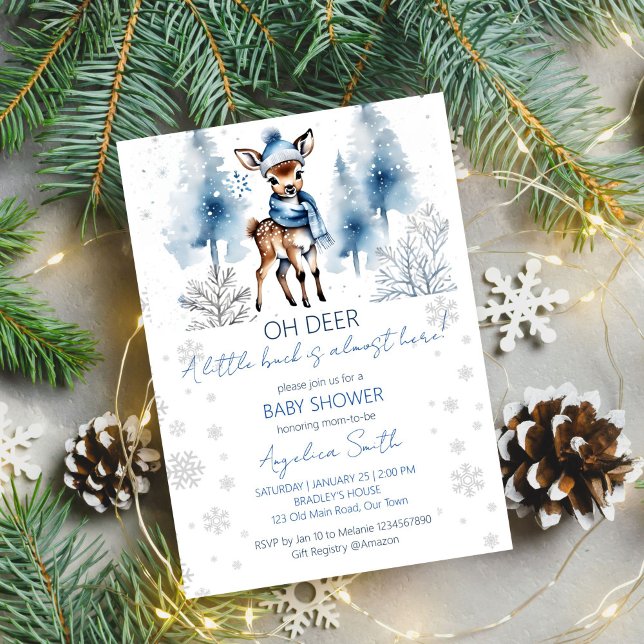Cute deer Winter boys baby shower template (Oh deer winter baby shower editable template digital download watercolor cute buck winter wonderland)