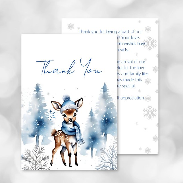 Cute deer Winter boys baby shower thank you card (oh deer winter baby shower thank you card watercolor cute baby deer in a scarf and hat snowy pines)