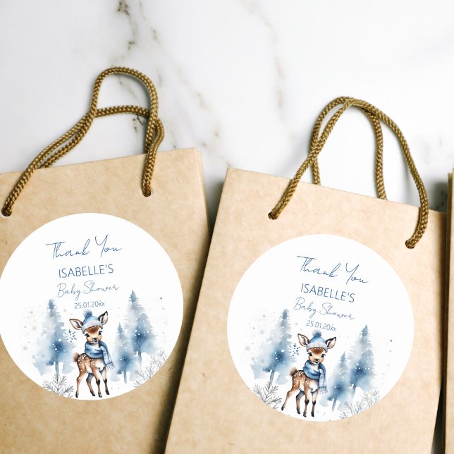 Cute deer Winter boys baby shower thank you favour Classic Round Sticker (Cute deer Winter boys baby shower thank you favor Sticker snowy pines winter baby shower favor stick)