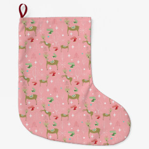 Cute deer with Christmas trees and snowflakes Large Christmas Stocking