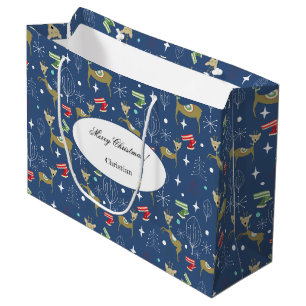 Cute deer with Christmas trees and snowflakes Large Gift Bag