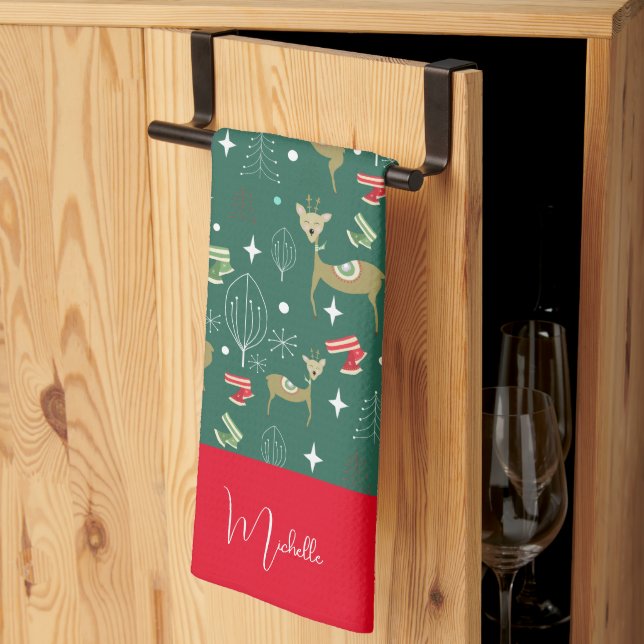 Cute deer with Christmas trees and snowflakes Tea Towel (Thirds Fold)