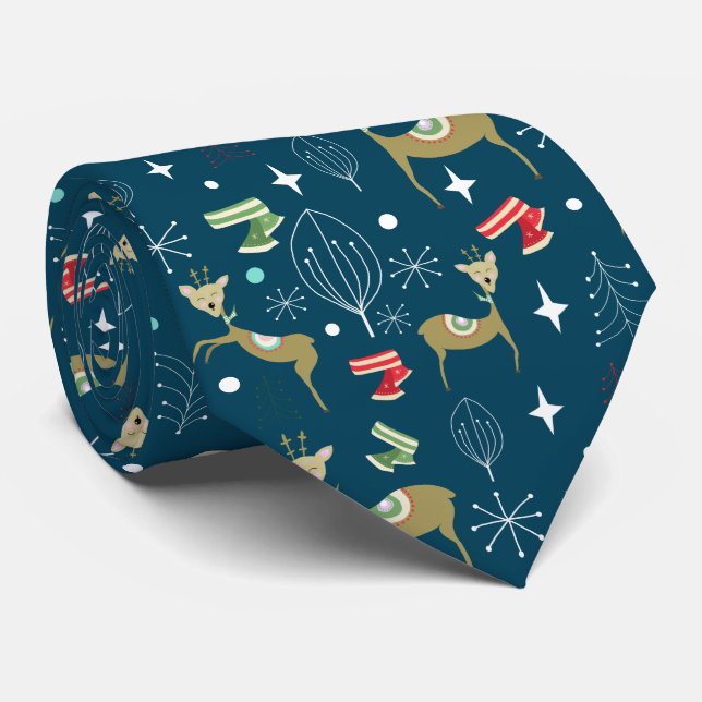 Cute deer with Christmas trees and snowflakes Tie (Rolled)