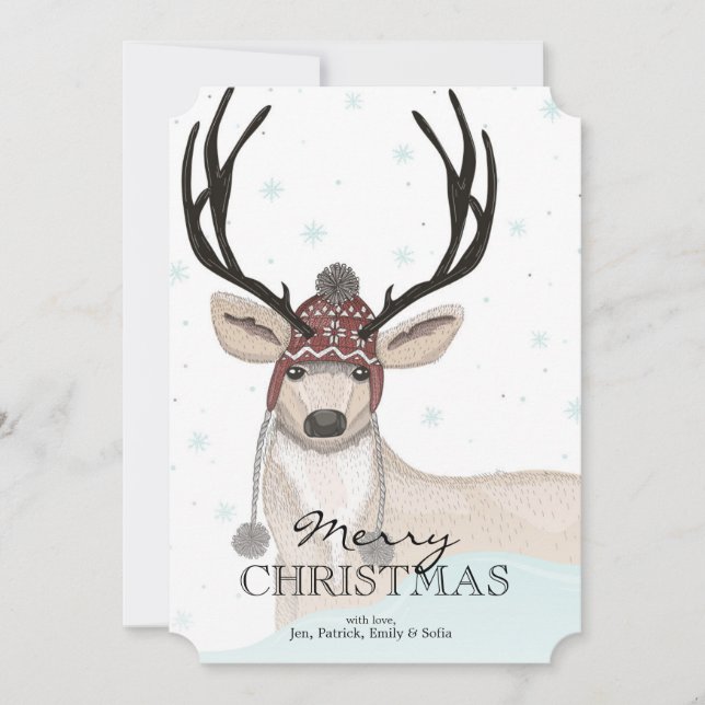 Cute Deer With Hat Winter Background Holiday Card (Front)
