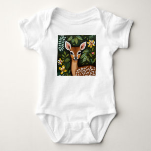 Cute Deer with Leaves and Flowers Baby Bodysuit