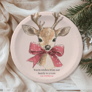 Cute Deer with Red Bow Neutral Christmas  Paper Plate