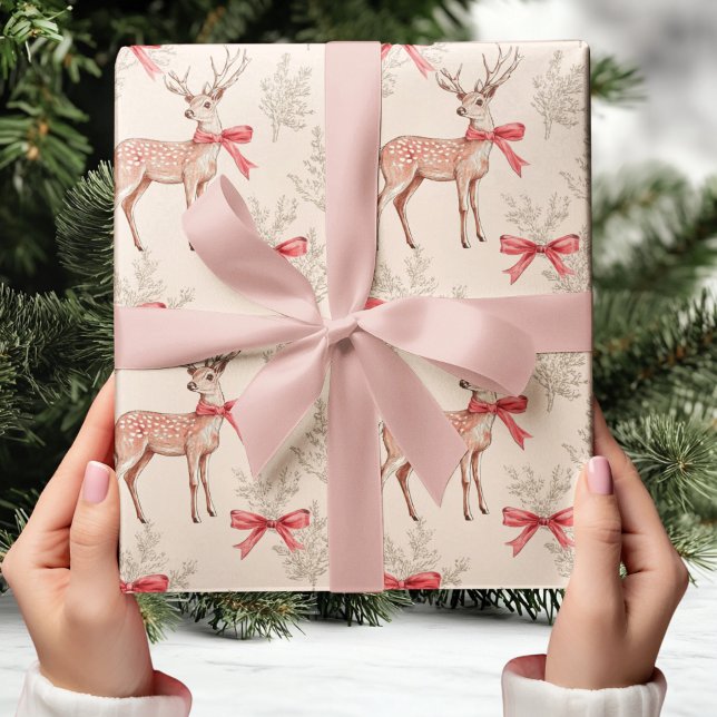 Cute Deer with Red Bow Neutral Christmas  Wrapping Paper (Creator Uploaded)