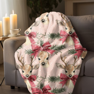 Cute Deer with Red Bow Pink Christmas Fleece Blanket
