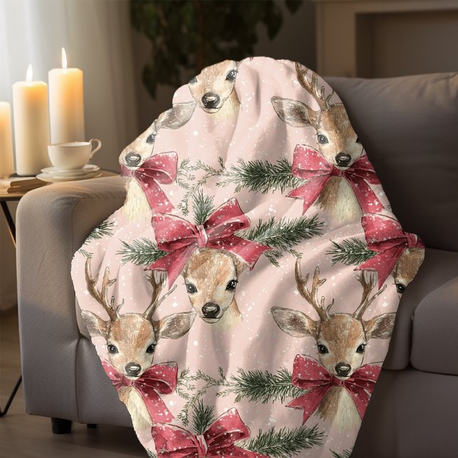Cute Deer with Red Bow | Pink Christmas  Fleece Blanket (Creator Uploaded)