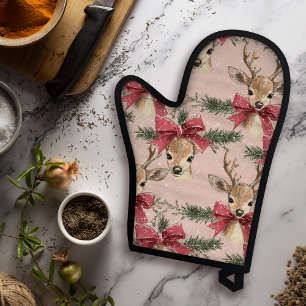 Cute Deer with Red Bow Pink Christmas Oven Mitt