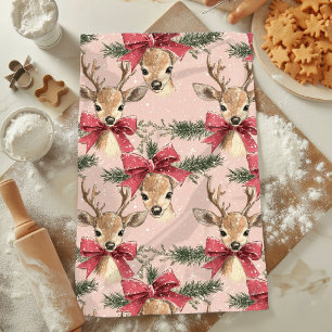 Cute Deer with Red Bow   Red Christmas  Tea Towel