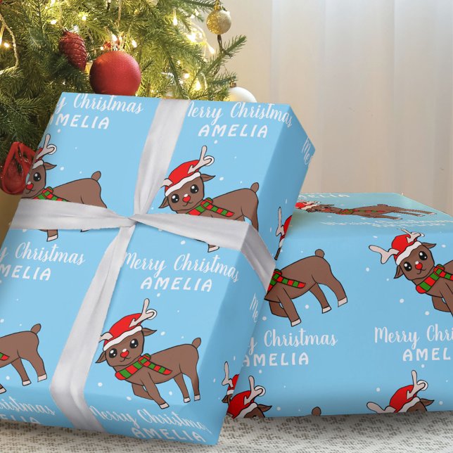 Cute Deer with Santa Hat Kids Wrapping Paper (Creator Uploaded)