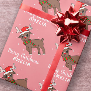 Cute Deer with Santa Hat Pink Kids Wrapping Paper