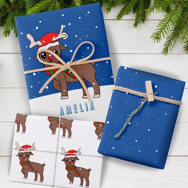 Cute Deer with Santa Hat Snow Christmas Kid Wrapping Paper Sheet (Creator Uploaded)