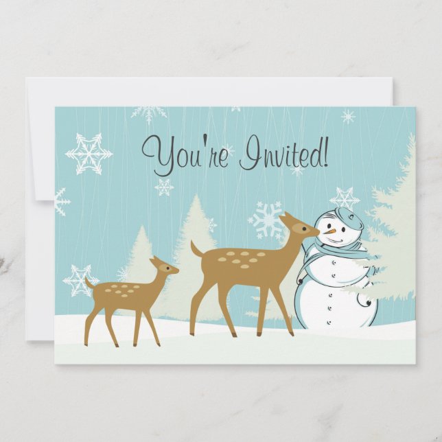 Cute Deer with Snowman Winter 1st Birthday Invitation (Front)