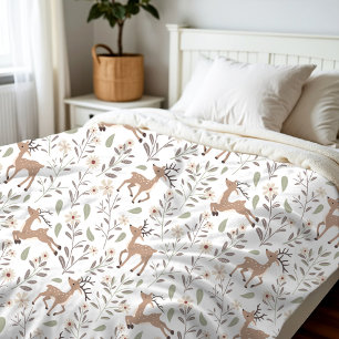 Cute Deer Woodland Neutral Nursery Kids Room White Fleece Blanket