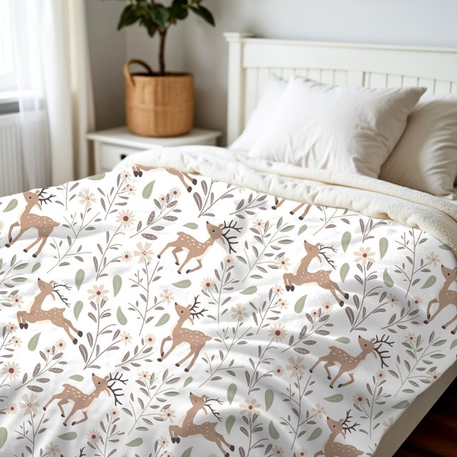 Cute Deer Woodland Neutral Nursery Kids Room White Fleece Blanket (Cute Deer Woodland Neutral Nursery Kids Room White Fleece Blanket)