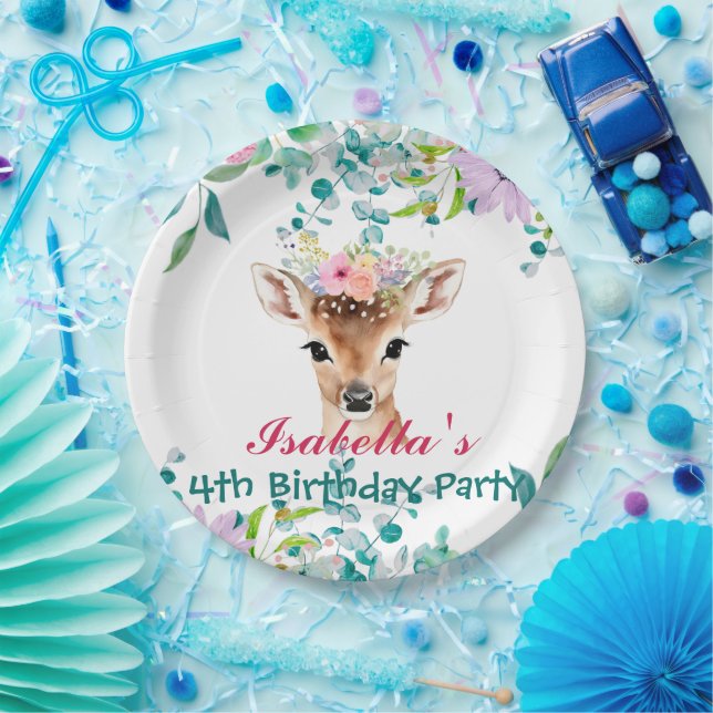 Cute deer zoo animals jungle Floral Birthday party Paper Plate (Party)