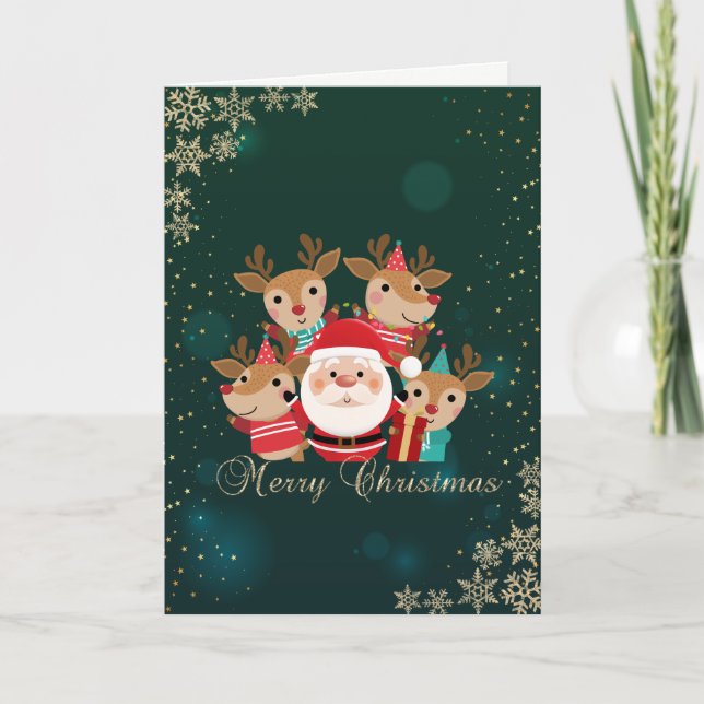 Cute Deers,Santa Claus,Snowflakes Holiday Card (Front)