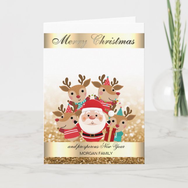Cute Deers,Santa Gold Bokeh Holiday Card (Front)