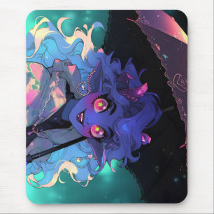 Cute Demon Anime Girl in the Rain Mouse Pad