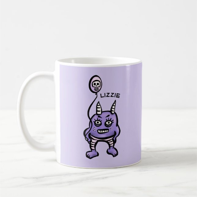 Cute Demon Purple Cartoon Horror Character Name Coffee Mug (Left)