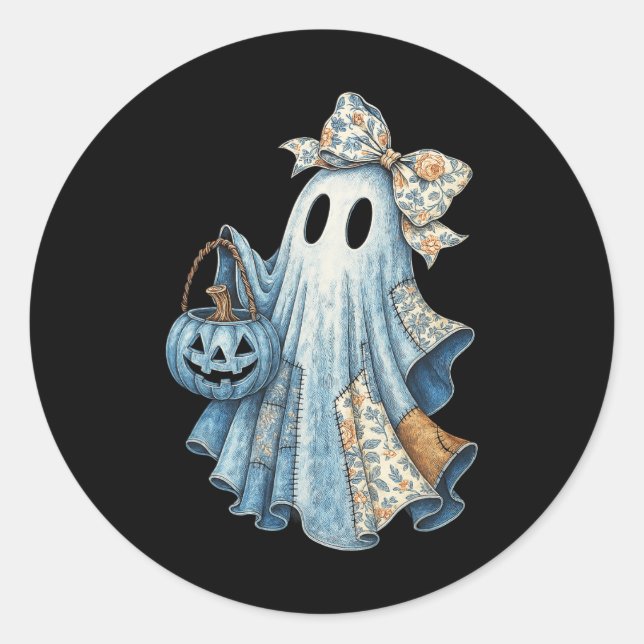 Cute Denim Ghost With Floral Bow Halloween Aesthet Classic Round Sticker (Front)