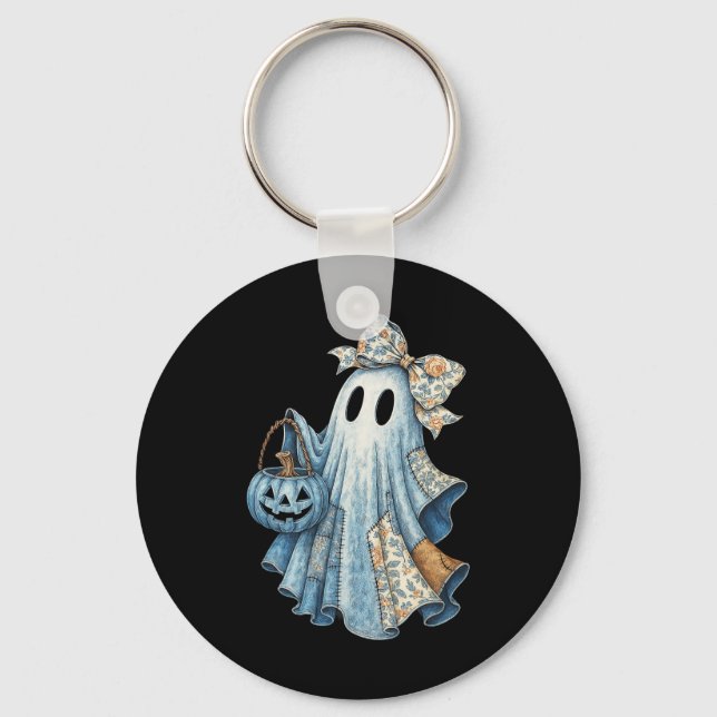 Cute Denim Ghost With Floral Bow Halloween Aesthet Key Ring (Front)