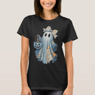 Cute Denim Ghost With Floral Bow Halloween Aesthet T-Shirt