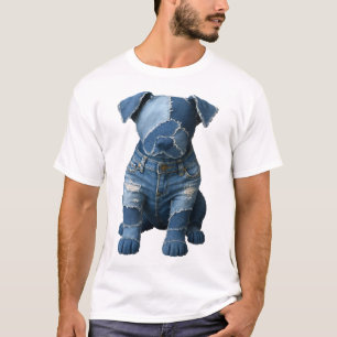 Cute Denim Patchwork Art Dog T-Shirt