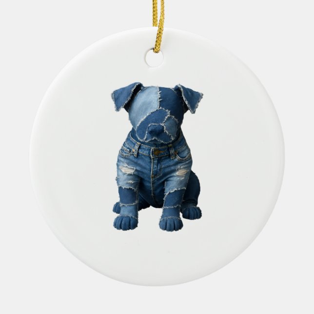 Cute Denim Patchwork Art Dog T-Shirt Ceramic Ornament (Front)