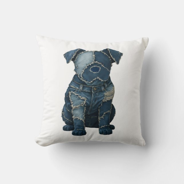 Cute Denim Patchwork Art Dog T-Shirt Cushion (Front)