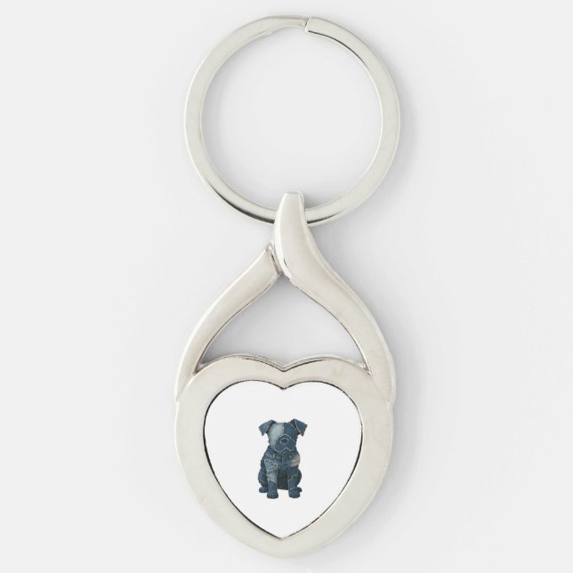 Cute Denim Patchwork Art Dog T-Shirt Key Ring (Front)