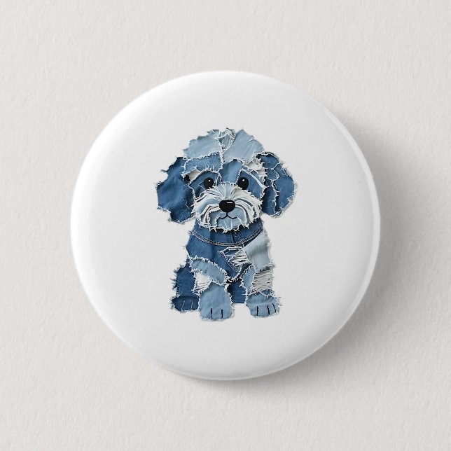 Cute Denim Patchwork Dog Illustration 6 Cm Round Badge (Front)