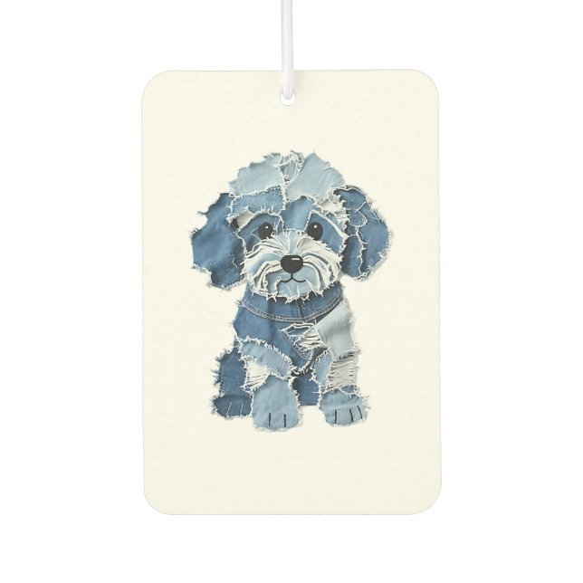 Cute Denim Patchwork Dog Illustration Car Air Freshener (Front)
