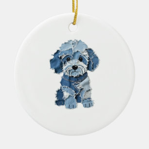Cute Denim Patchwork Dog Illustration Ceramic Ornament