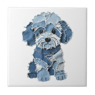 Cute Denim Patchwork Dog Illustration Ceramic Tile