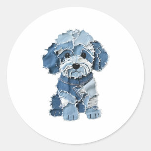 Cute Denim Patchwork Dog Illustration Classic Round Sticker