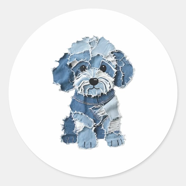 Cute Denim Patchwork Dog Illustration Classic Round Sticker (Front)
