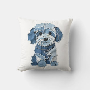 Cute Denim Patchwork Dog Illustration Cushion