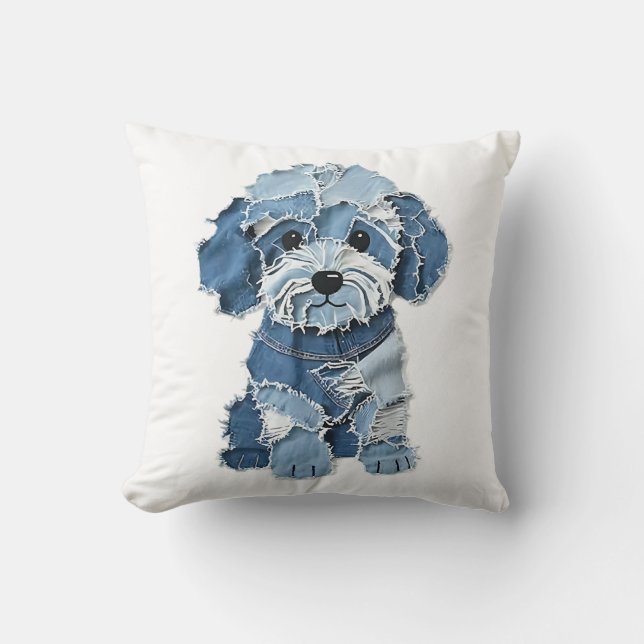 Cute Denim Patchwork Dog Illustration Cushion (Front)