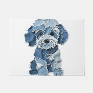 Cute Denim Patchwork Dog Illustration Doormat