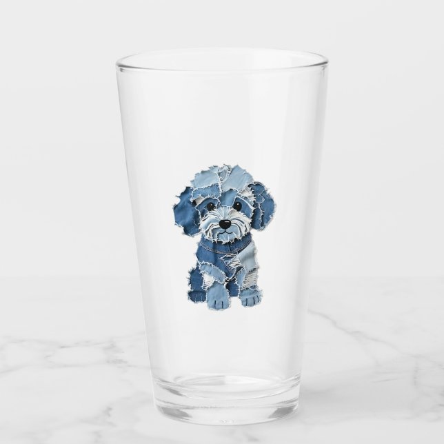 Cute Denim Patchwork Dog Illustration Glass (Front)