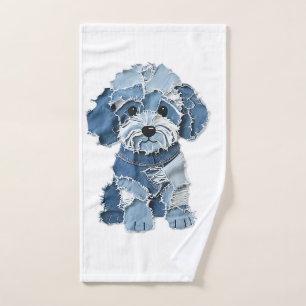 Cute Denim Patchwork Dog Illustration Hand Towel
