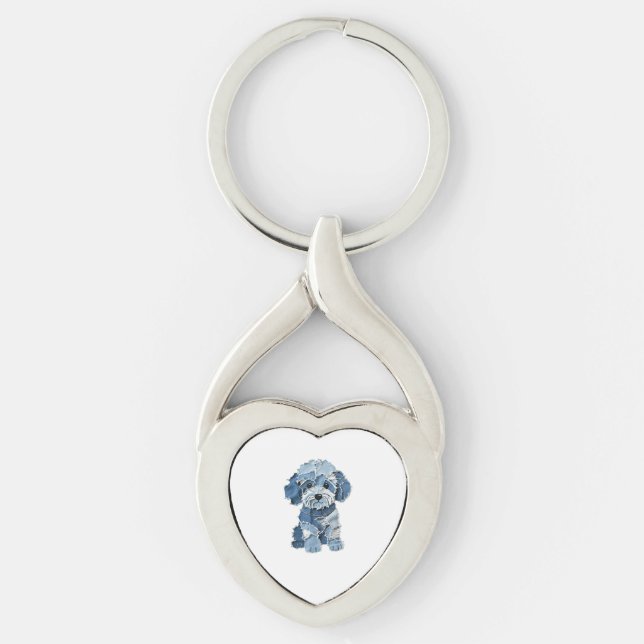 Cute Denim Patchwork Dog Illustration Key Ring (Front)