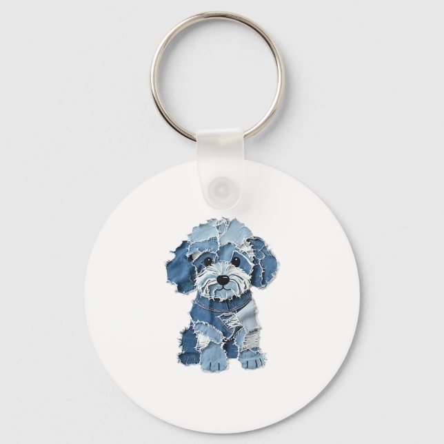 Cute Denim Patchwork Dog Illustration Key Ring (Front)