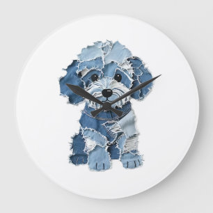 Cute Denim Patchwork Dog Illustration Large Clock
